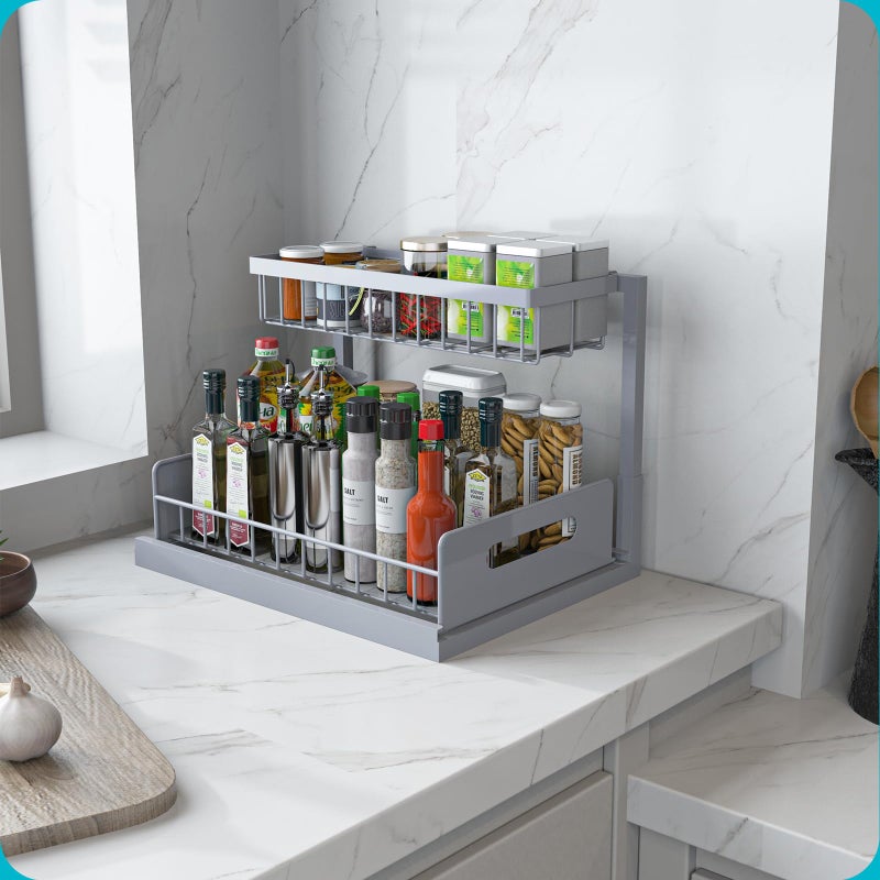 REALINN Under Sink Organizer, Pull Out Cabinet Organizer 2 Tier Slide Out Sink Shelf Cabinet Storage Shelves, Storage for Kitchen Bathroom, Grey, 2 Pack - Image 4